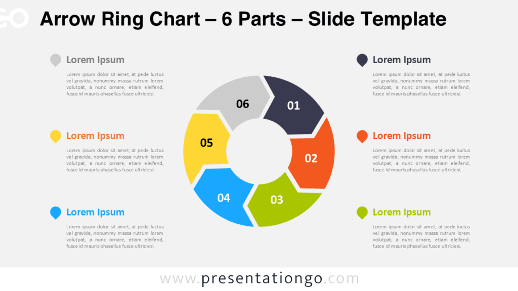 6 parts arrow ring PowerPoint chart showing a circular process diagram with six connected arrow segments representing stages.