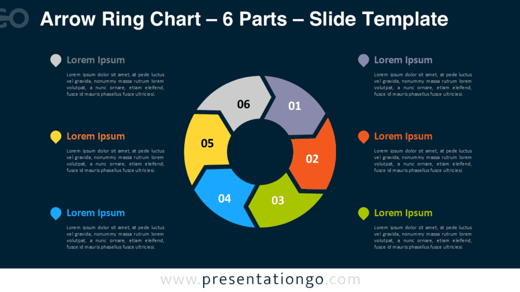 6 Parts Arrow Ring Chart for PowerPoint 6 parts arrow ring PowerPoint chart illustrating a circular workflow with six arrow segments forming a continuous cycle.