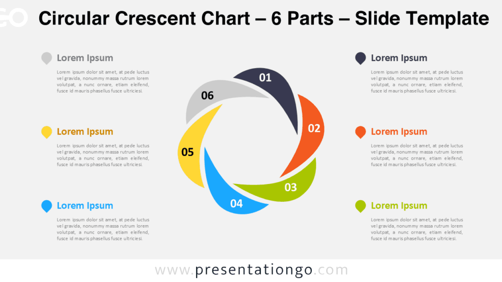 6 parts circular crescent PowerPoint chart showing a cycle diagram with six curved segments arranged in a circular process.