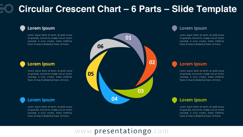 6 Parts Circular Crescent Chart for PowerPoint 6 parts circular crescent PowerPoint chart illustrating a circular workflow with six curved segments forming a continuous cycle.
