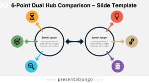 6-point dual hub comparison diagram for PowerPoint and Google Slides showing two connected circles with six radial elements and icons.