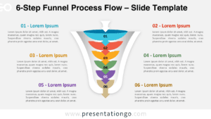 6-step funnel process flow diagram for PowerPoint and Google Slides showing complex workflow stages in a structured funnel design
