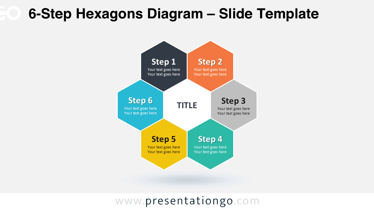 6-step hexagons diagram PowerPoint slide showing six connected hexagonal shapes around a center title for process, workflow, or business steps.
