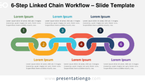 6-step linked chain workflow diagram for PowerPoint with interlocking chain shapes illustrating sequential process stages, also editable in Google Slides.