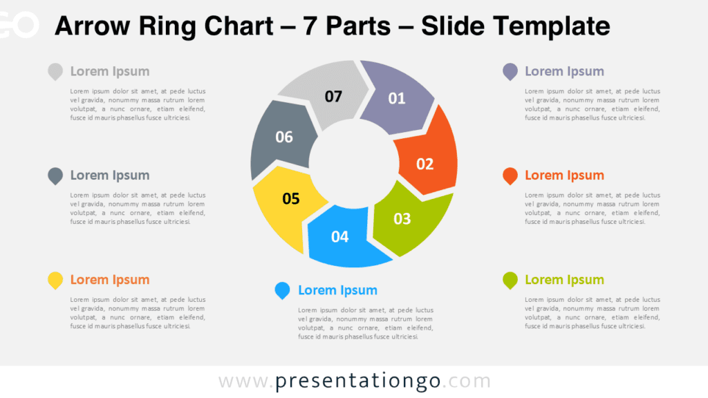 7 parts arrow ring PowerPoint chart showing a circular process diagram with seven connected arrow segments representing stages.