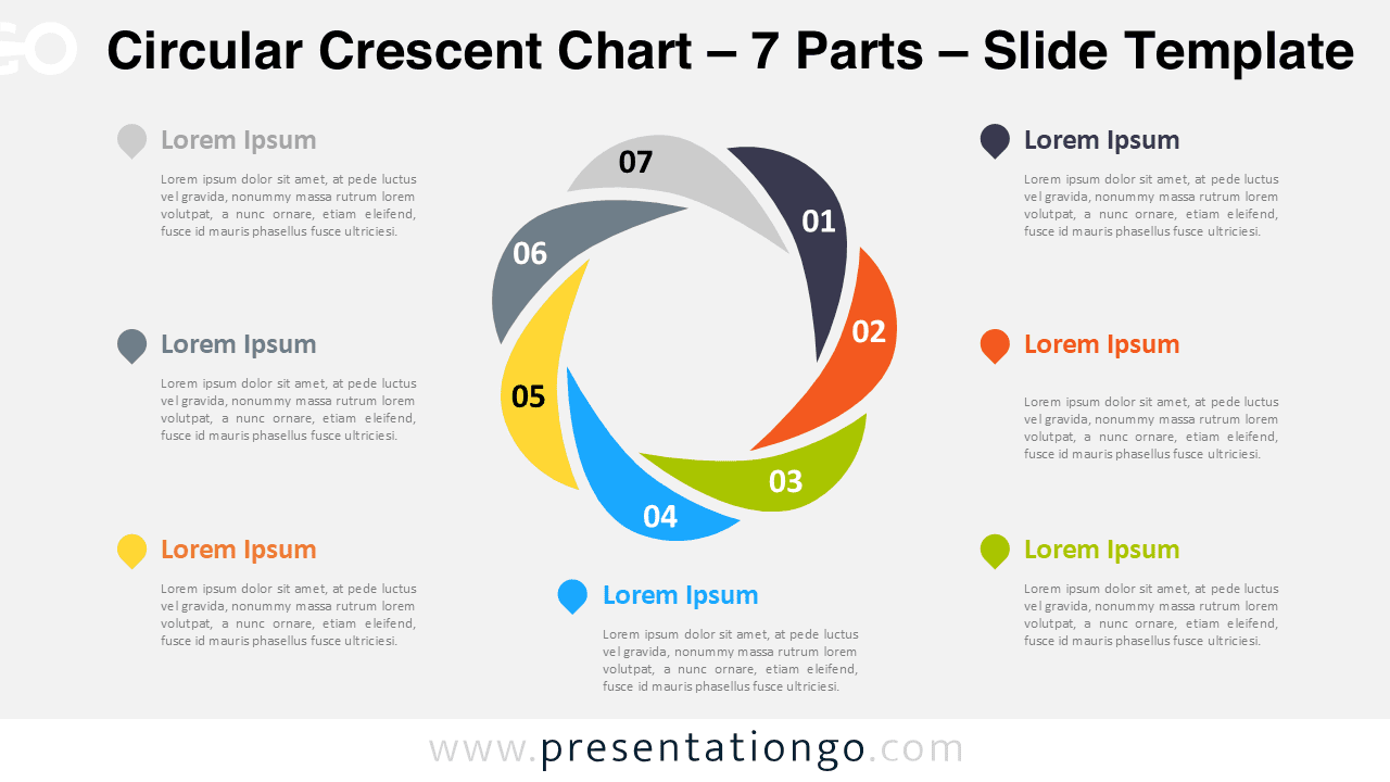 7 parts circular crescent PowerPoint chart showing a cycle diagram with seven curved segments arranged in a circular process.