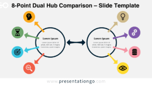 8-point dual hub comparison diagram for PowerPoint and Google Slides with two connected circles and eight radial elements with icons.
