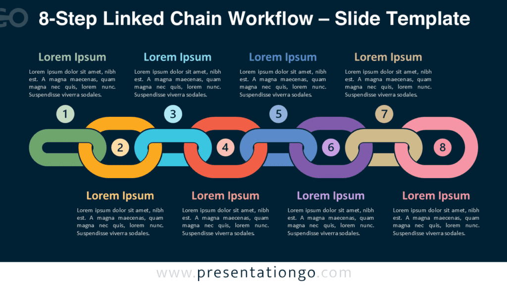 8-Step Linked Chain Workflow Diagram for PowerPoint 8-step linked chain workflow PowerPoint diagram with colorful chain links and editable icons used to present a structured multi-stage business process.