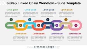 8-step linked chain workflow diagram for PowerPoint with interlocking chain shapes representing sequential process stages, also editable in Google Slides.