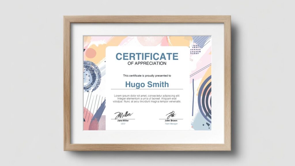 Abstract canvas certificate template with pastel geometric patterns, editable text fields and signature areas for PowerPoint and Google Slides