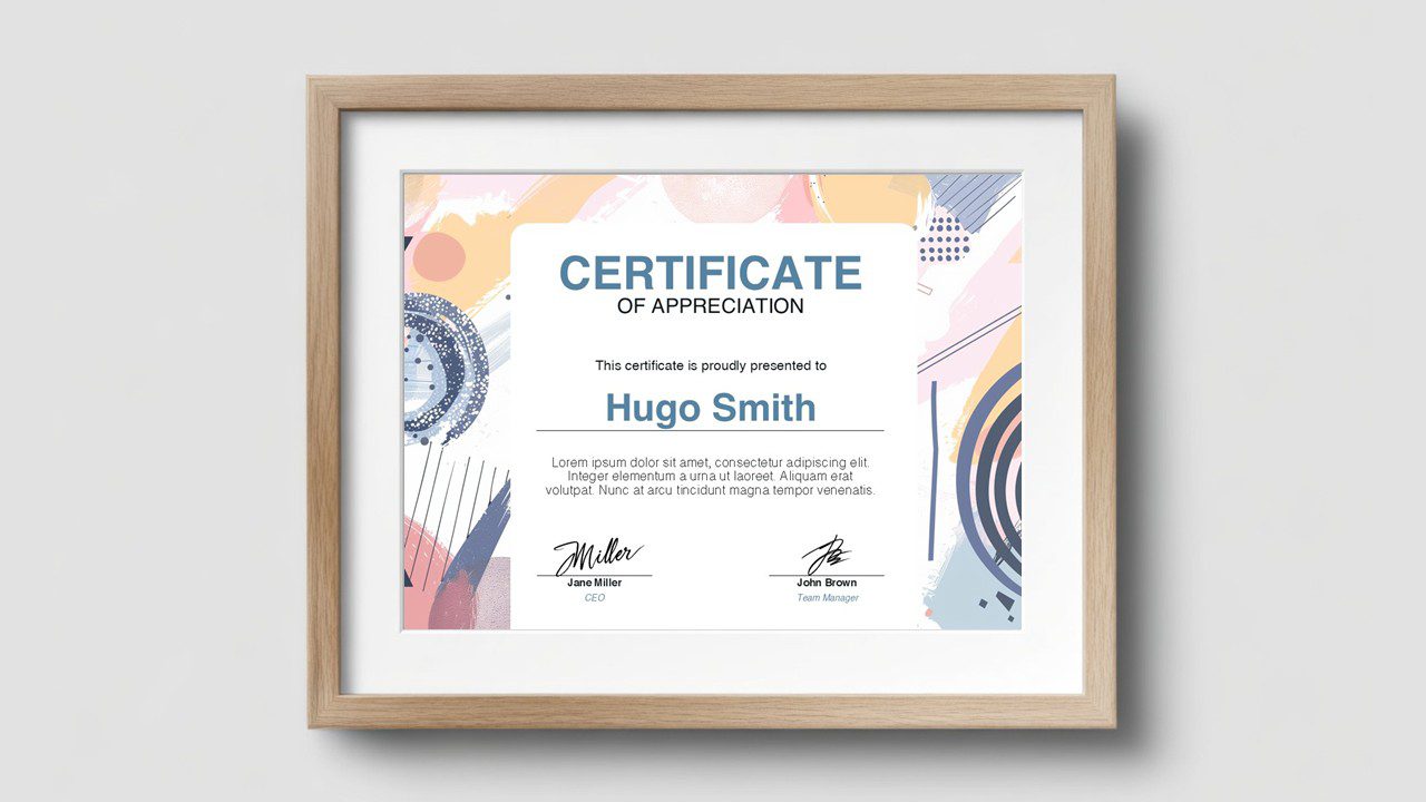 Abstract canvas certificate template with pastel geometric patterns, editable text fields and signature areas for PowerPoint and Google Slides