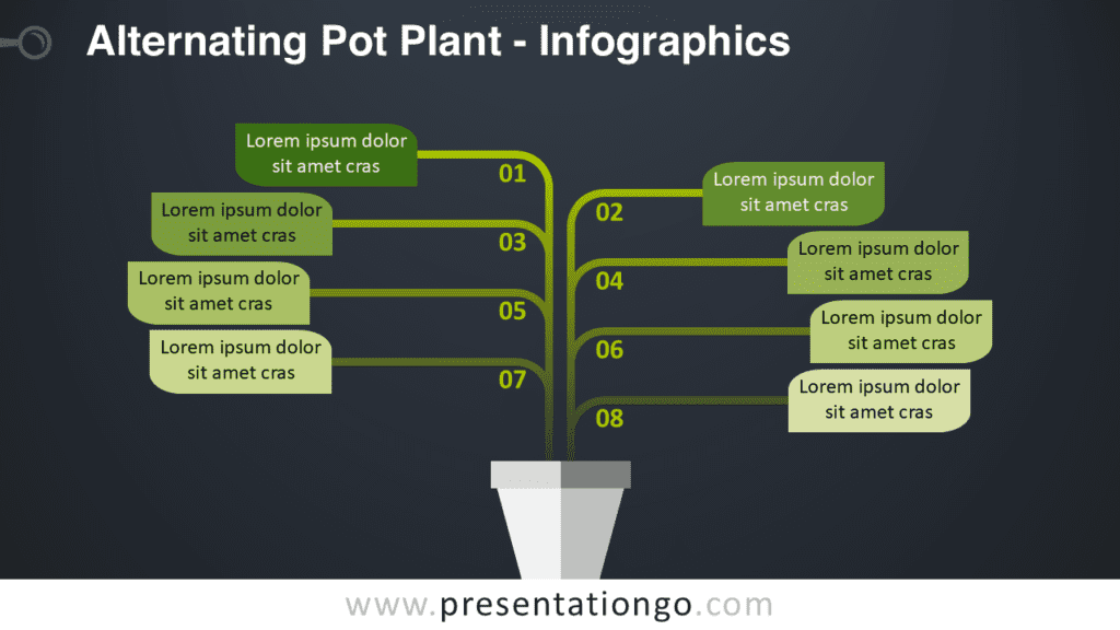 Alternating Pot Plant Diagram for PowerPoint Dark Slide Alternating pot plant diagram for PowerPoint on dark background with nine branching stems and text blocks illustrating ideas or strategy.