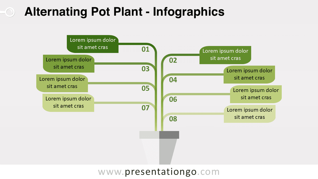 Alternating pot plant diagram for PowerPoint showing nine branching stems with text blocks representing ideas, hierarchy, or strategy elements.