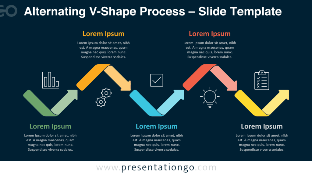 Alternating V-Shape Process Diagram PowerPoint Dark Background Alternating V-Shape Process diagram for PowerPoint with dark theme showing a six-step zigzag workflow and editable icons.