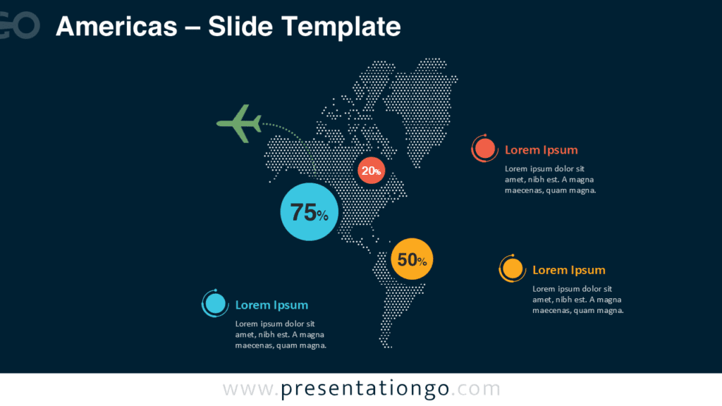 Americas Dotted Map Infographic PowerPoint Dark Background Americas dotted map infographic for PowerPoint with modern dot map visualization and editable markers for presenting geographic statistics in presentations.