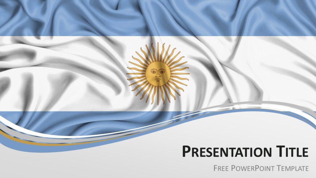 Argentina flag PowerPoint template cover slide with waving Argentinian flag and curved ribbon wave design.