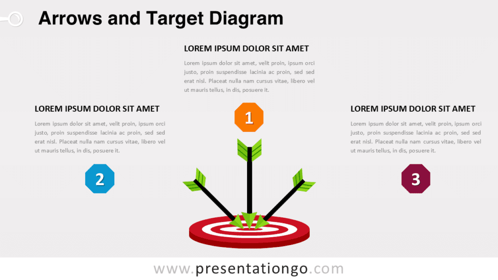 Arrows and target diagram for PowerPoint showing three green arrows hitting a bullseye target to illustrate strategy, goals, and performance.