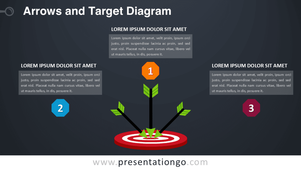 Arrows and Target Diagram for PowerPoint Dark Slide Arrows and target diagram for PowerPoint on dark background with three arrows hitting a bullseye to represent strategy, goals, and success.