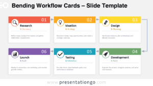 Six-step Bending Workflow Cards diagram for PowerPoint and Google Slides showing a zigzag process flow with colored stages and editable icon placeholders.