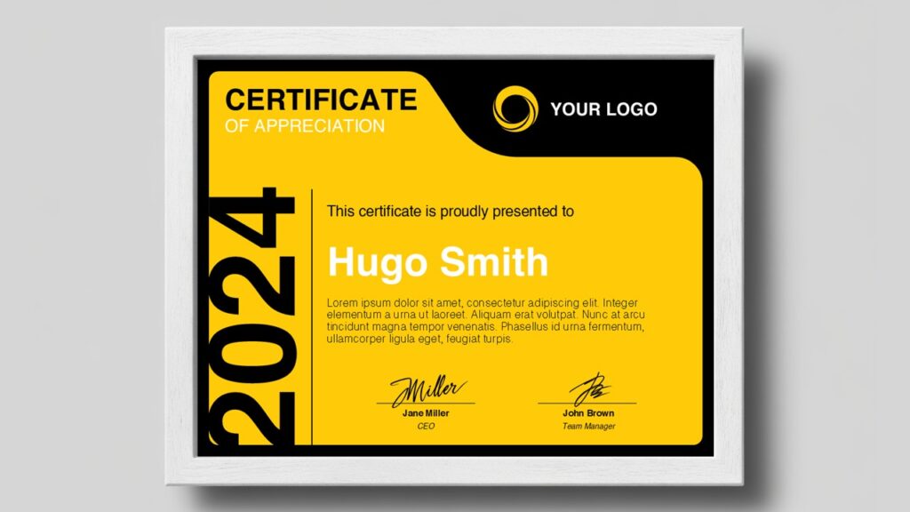 Black and yellow certificate template with bold modern layout, editable text fields and signature areas for PowerPoint and Google Slides