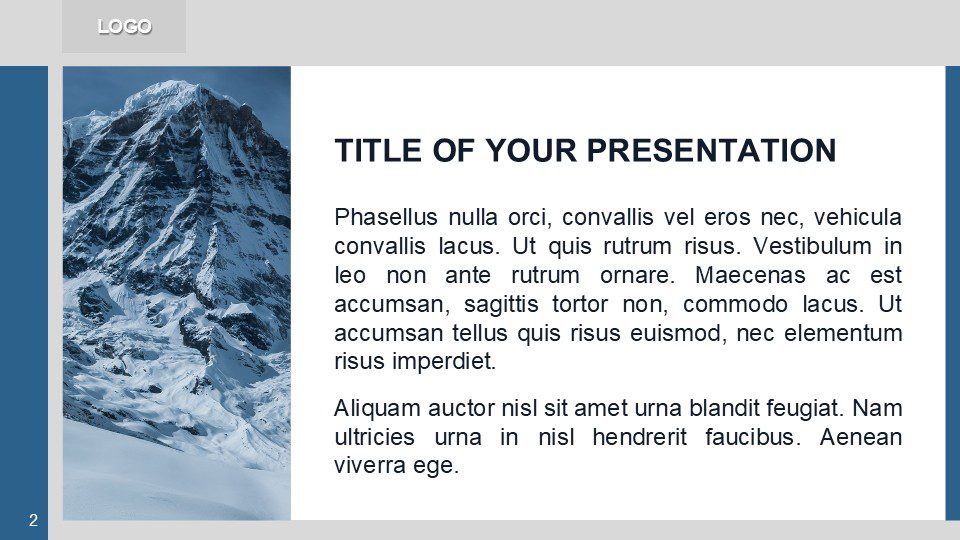 Blue Mountains PowerPoint Template Content Slide Blue PowerPoint template content slide with mountain photo sidebar and text layout, ideal for travel, nature or outdoor themed presentations.
