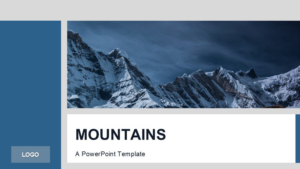 Blue PowerPoint template featuring snowy mountain landscape background with clean professional layout for travel or nature presentations.