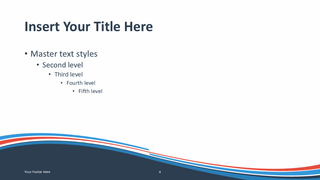 PowerPoint presentation slide template with blue curved wave background and orange accent lines.