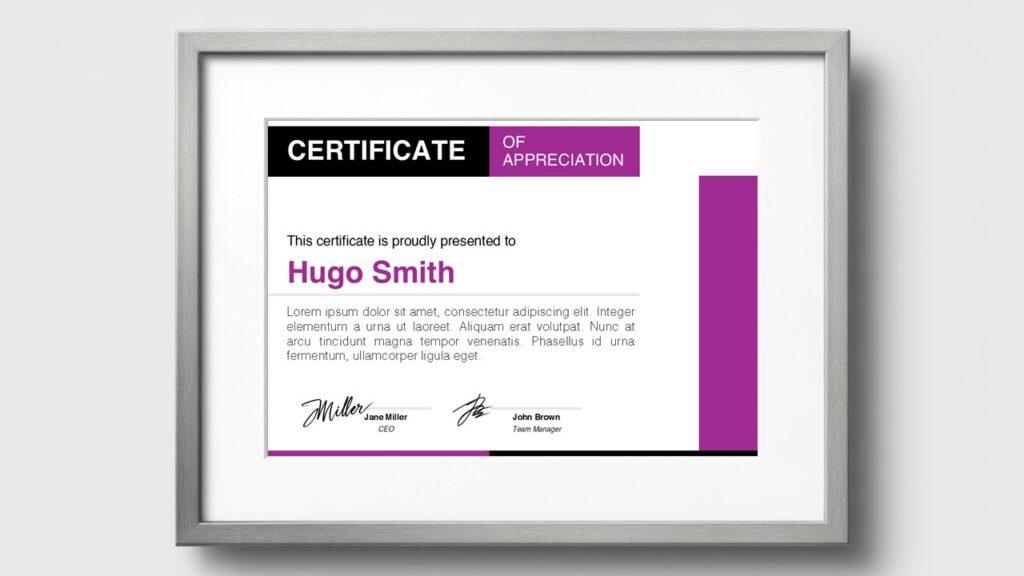 Bold purple certificate template with elegant layout, editable text fields and signature areas for PowerPoint and Google Slides