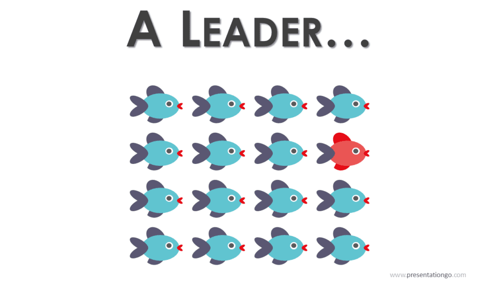 Boss vs Leader Fish Metaphor for PowerPoint Illustration showing leader metaphor with one guiding fish among a group, editable leadership comparison concept graphic for PowerPoint
