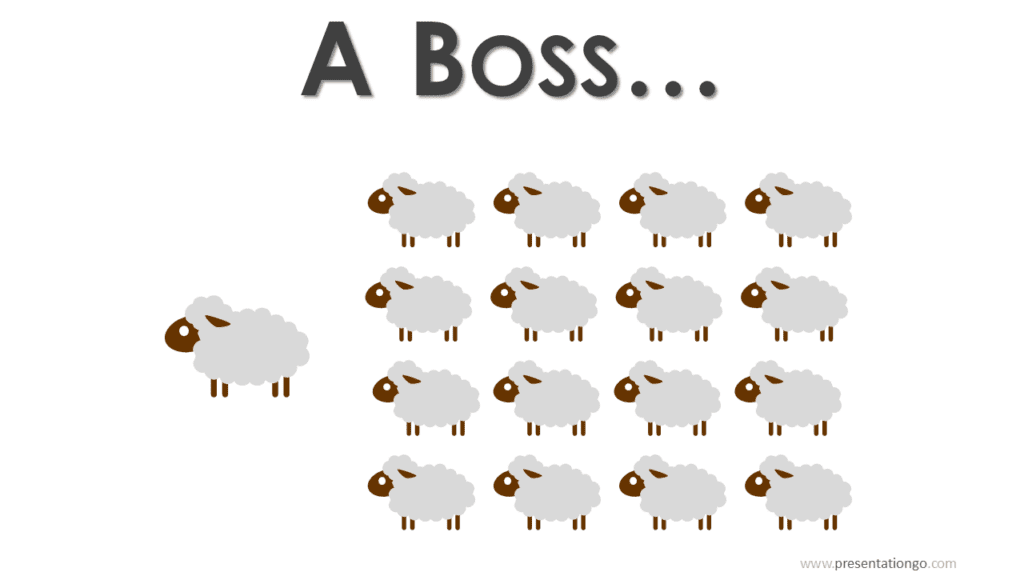 Boss vs Leader Sheep Metaphor for PowerPoint Illustration showing boss metaphor with one sheep separated from a flock, editable leadership comparison graphic for PowerPoint slides