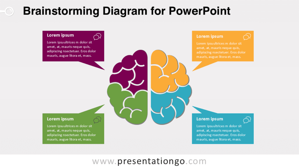 Brainstorming infographic template for PowerPoint showing colorful brain illustration with four callout boxes representing ideas and creative thinking.