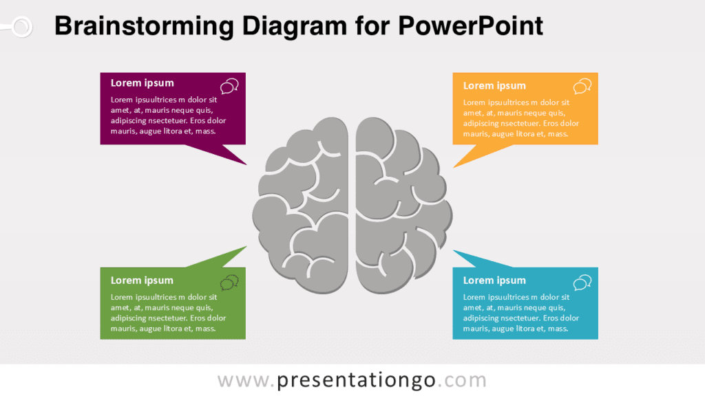 Brainstorming Infographic for PowerPoint Concept Brainstorming infographic template for PowerPoint with brain diagram and four callout boxes to present ideas, concepts or creative thinking.