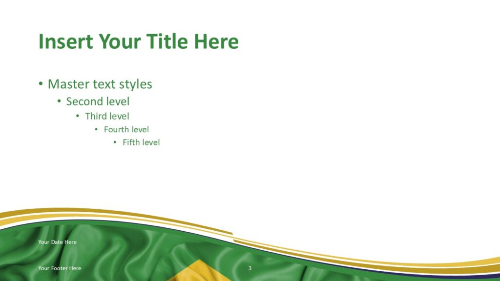 Brazil Flag Design Slide Template for PowerPoint PowerPoint slide template featuring Brazilian flag colors with flowing green and yellow wave design.