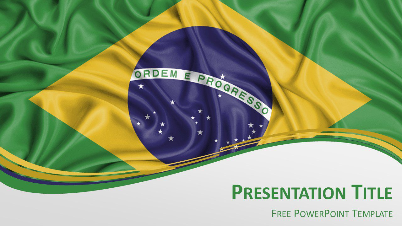 Brazil flag PowerPoint template with waving Brazilian flag, green and yellow design, and elegant wave shapes for presentations.