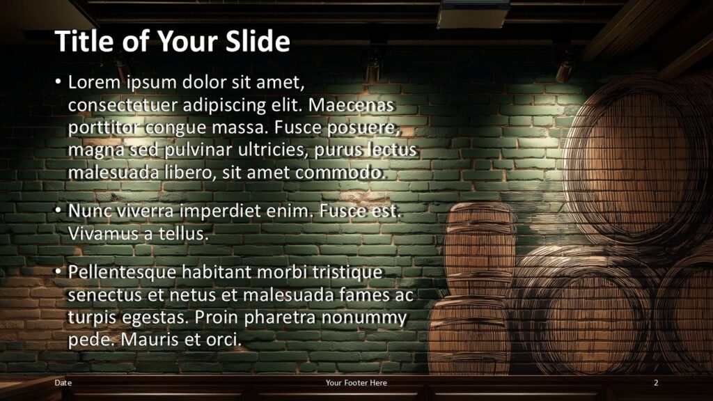 Brick & Barrel Title and Content Layout PowerPoint Google Slides Brick & Barrel Irish Pub PowerPoint and Google Slides template slide with title and bullet layout on left side and rustic brick pub background.