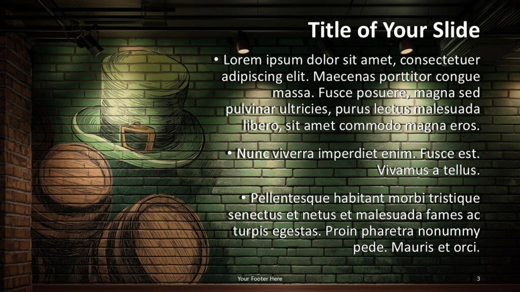 Brick & Barrel Content Layout PowerPoint Google Slides Template Brick & Barrel Irish Pub template slide for PowerPoint and Google Slides with right side content layout and atmospheric pub brick wall design.