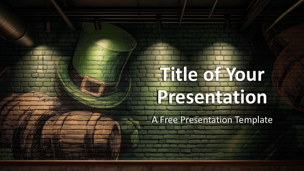 Brick & Barrel Irish Pub Cover Slide PowerPoint Google Slides Brick & Barrel Irish Pub cover slide for PowerPoint and Google Slides presentations featuring rustic brick wall, barrels, and festive Irish pub theme.