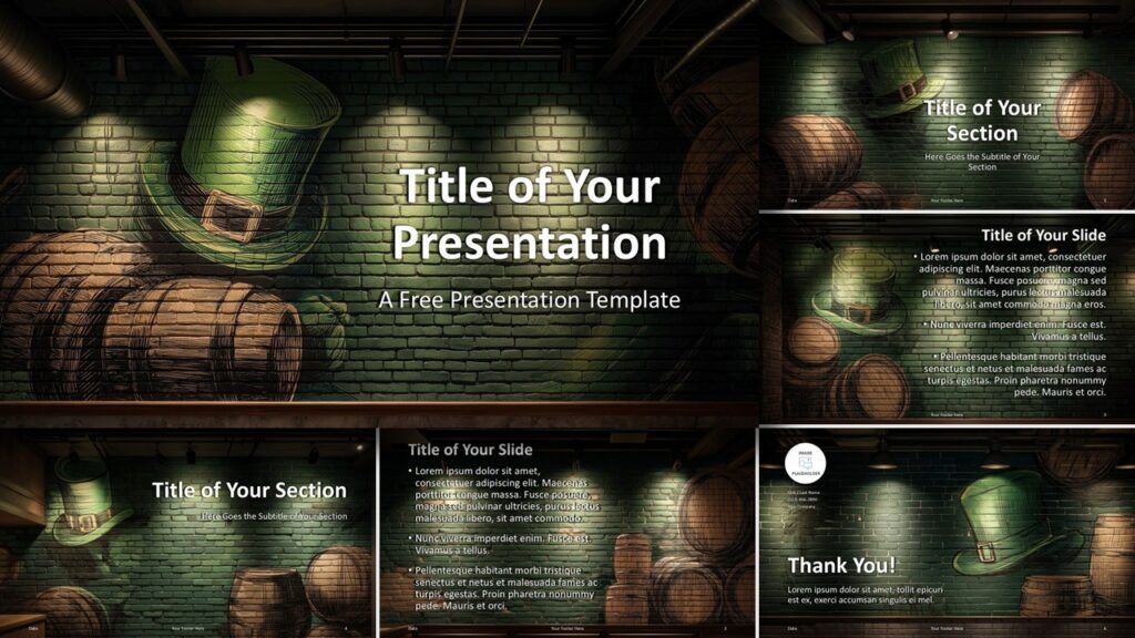 Brick & Barrel Irish Pub presentation template for PowerPoint and Google Slides featuring rustic brick wall design, barrels, and festive Irish pub atmosphere.