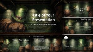 Brick & Barrel Irish Pub presentation template for PowerPoint and Google Slides featuring rustic brick wall design, barrels, and festive Irish pub atmosphere.