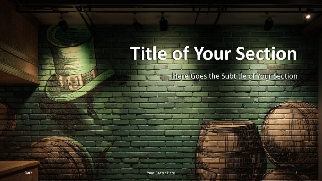 Brick & Barrel Section Divider Slide PowerPoint Google Slides Brick & Barrel Irish Pub section divider slide for PowerPoint and Google Slides presentations with rustic brick wall and festive pub lighting.