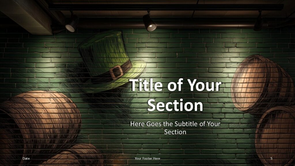 Brick & Barrel Section Divider Layout PowerPoint Google Slides Brick & Barrel Irish Pub template section divider for PowerPoint and Google Slides featuring atmospheric lighting and traditional pub interior style.