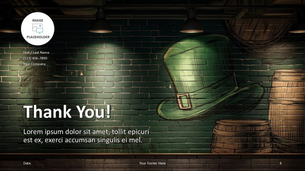 Brick & Barrel Thank You Slide PowerPoint Google Slides Brick & Barrel Irish Pub thank you slide for PowerPoint and Google Slides with rustic brick background, barrels illustration, and festive pub theme.