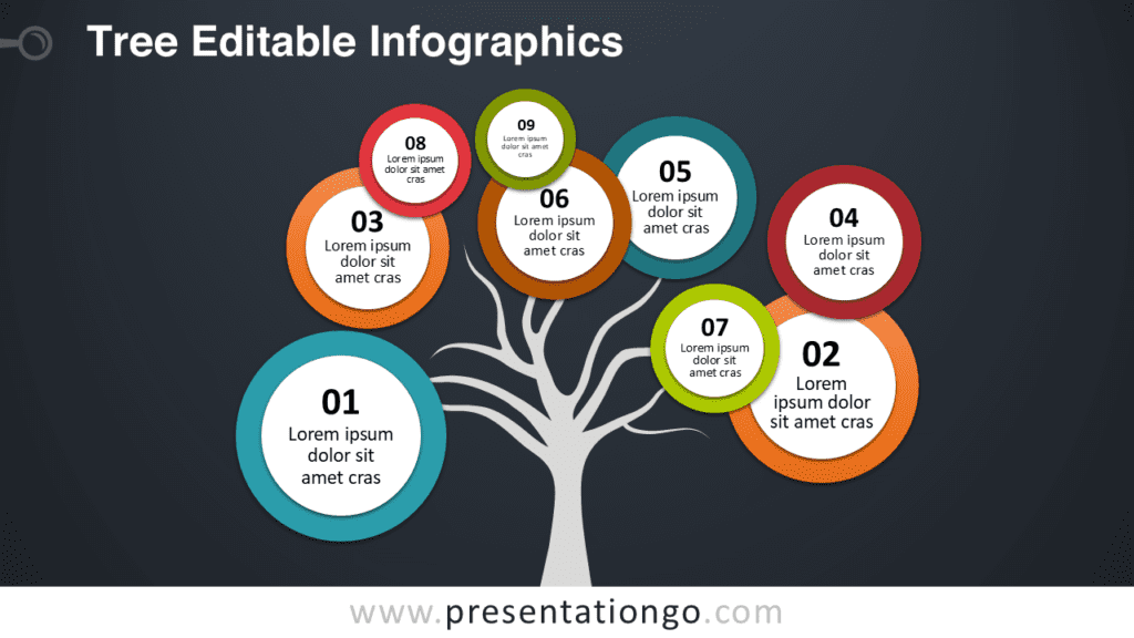 Bubbles Tree Diagram for PowerPoint Dark Slide Bubbles tree diagram for PowerPoint on dark background with colorful circular nodes branching from a tree to illustrate ideas.
