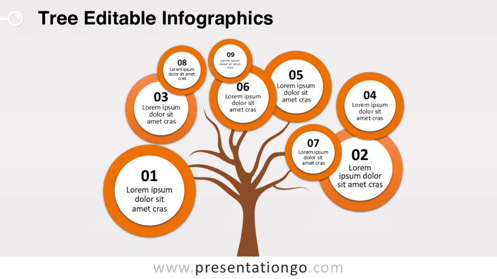 Bubbles Tree Diagram for PowerPoint Orange Style Bubbles tree diagram for PowerPoint with orange circular nodes connected to a tree to represent ideas, concepts, or strategy steps.