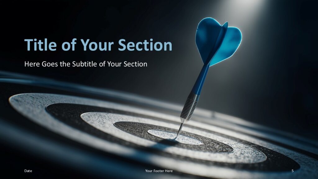 Bullseye Strategy PowerPoint Google Slides Section Layout Bullseye Strategy divider slide for PowerPoint and Google Slides featuring vertical dart concept for clean and professional section breaks.