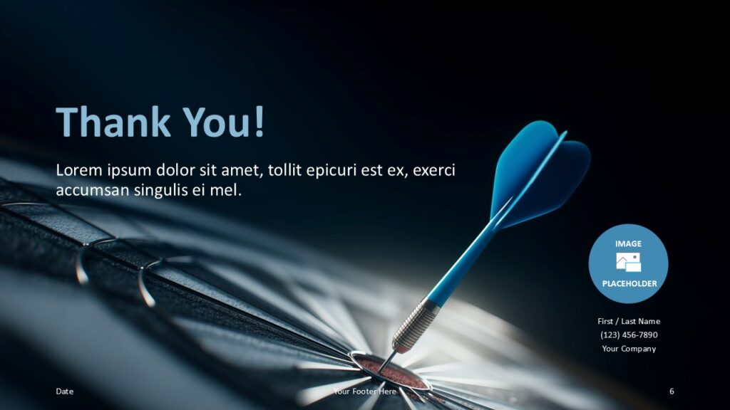 Bullseye Strategy PowerPoint Google Slides Thank You Slide Bullseye Strategy thank you slide for PowerPoint and Google Slides with contact details and visual target concept for professional closing.