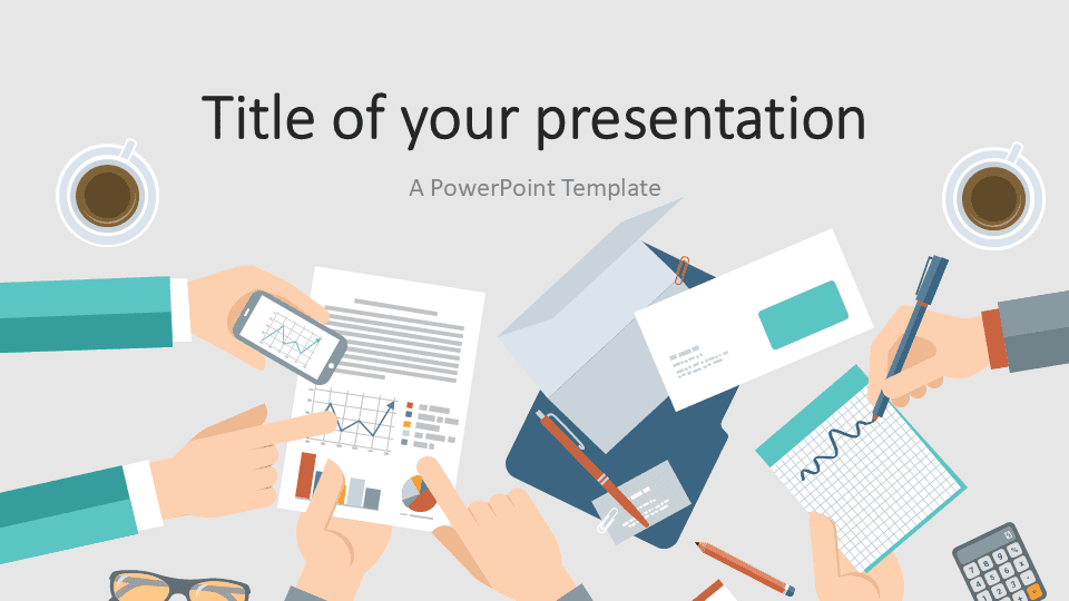 Business meeting PowerPoint template cover slide with workspace illustration showing hands analyzing charts, documents and office tools.