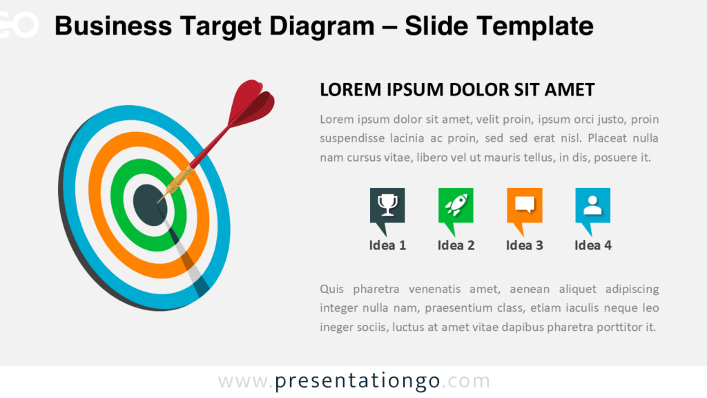 Business target diagram for PowerPoint showing a dart hitting the center of a multicolor bullseye with four idea icons for goals or strategy.