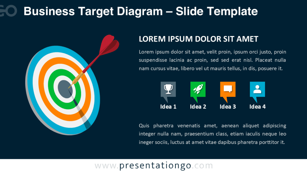 Business Target Diagram for PowerPoint Dark Slide Business target diagram for PowerPoint on dark background with dart hitting bullseye and four idea icons illustrating strategy and goals.