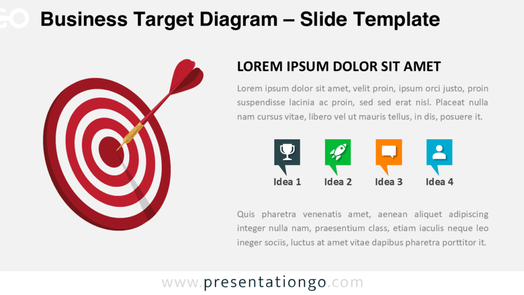 Business Target Diagram for PowerPoint Red Version Business target diagram for PowerPoint with red bullseye target and dart hitting the center to illustrate strategy, goals, and performance.
